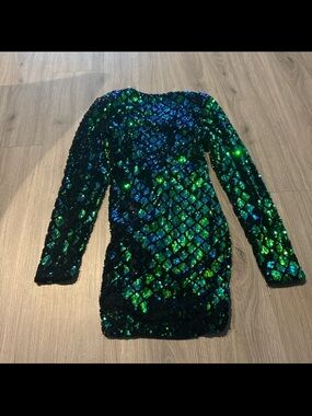 Iridescent Green & Blue Sequin Long Sleeve Dress